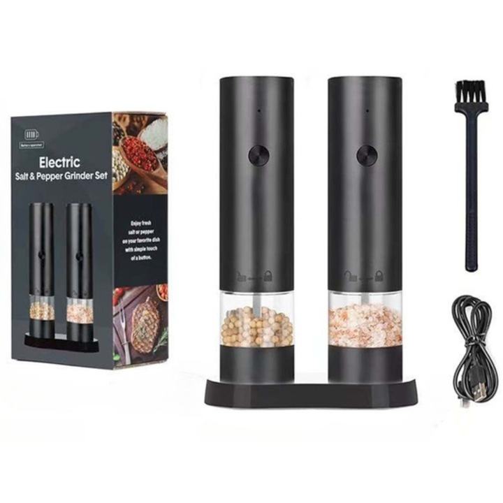 Set de 2 rasnite electrice pentru sare si piper, reincarcabile, lumina LED, cablu USB, perie de curatare, baza de depozitare, material policarbonat, negru, diametru 4,6 cm, inaltime 18,8 cm