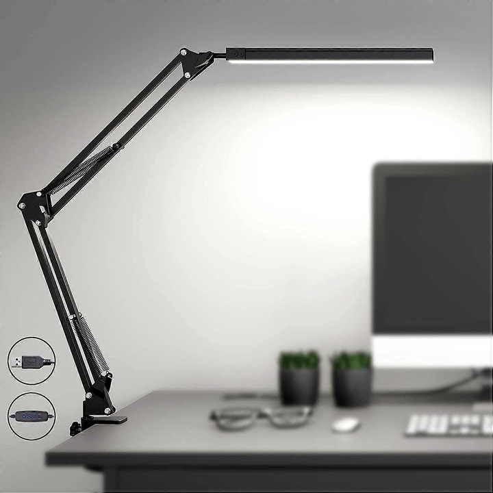 Veioza cu clampa, lampa de birou cu 3 moduri de culoare, 10 niveluri de luminozitate, ajustabila, alimentare USB, pentru birou