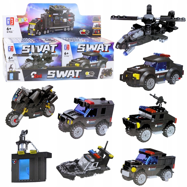 Seturi de constructie LEAN Toys, Klocki SWAT 2w1, 8 vehicule, negru-albastru, 92-117 elemente