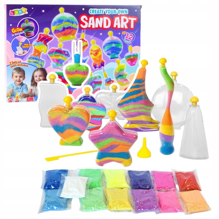 Set creativ Sand Art, 12 recipiente, 6 pungi nisip colorat, 4 pungi nisip fluorescent, multicolor, 38x26,5x6,5cm