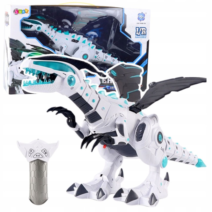 Robot de jucarie RC Dinozaur, LEAN Toys, alb cu detalii negre si albastre, 47x23x15cm, set complet cu telecomanda