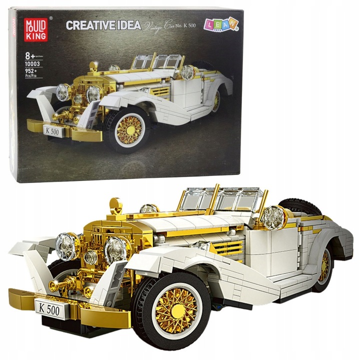 Set de constructie Masina Vintage K500, LEAN Toys, 952 elemente, alb-auriu, 31x12,5x9cm