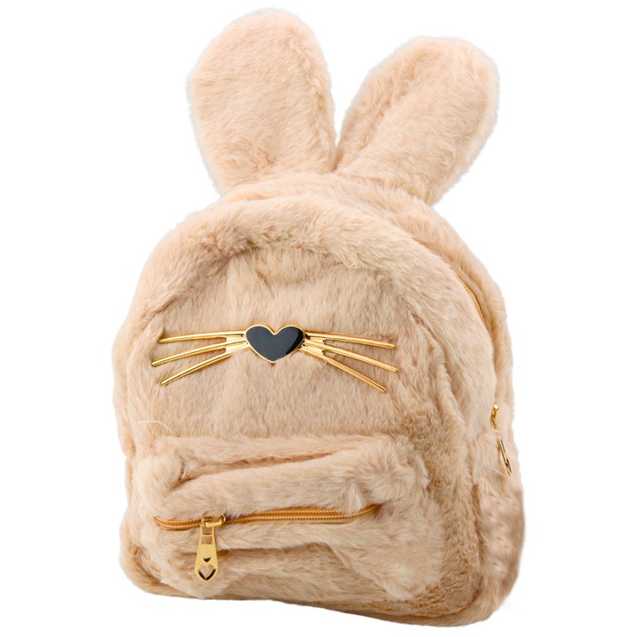 Раница детска бежова с ушички на зайче и мустачки, 22x20x8см, 3л