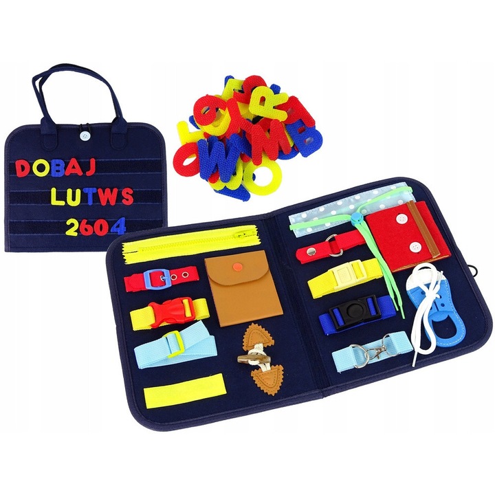 Сензорна манипулативна дъска за деца, LEAN Toys, 28x26x3см, с букви и различни закопчалки