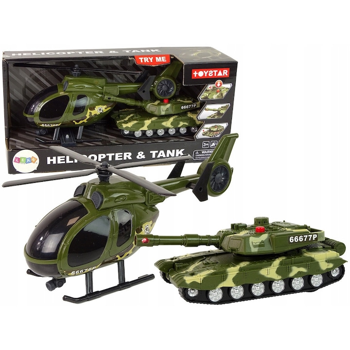 Военен комплект с танк и хеликоптер, LEAN Toys, 19x6x7.5см и 26x12x7.5см, издръжлива пластмаса, за деца над 3 години