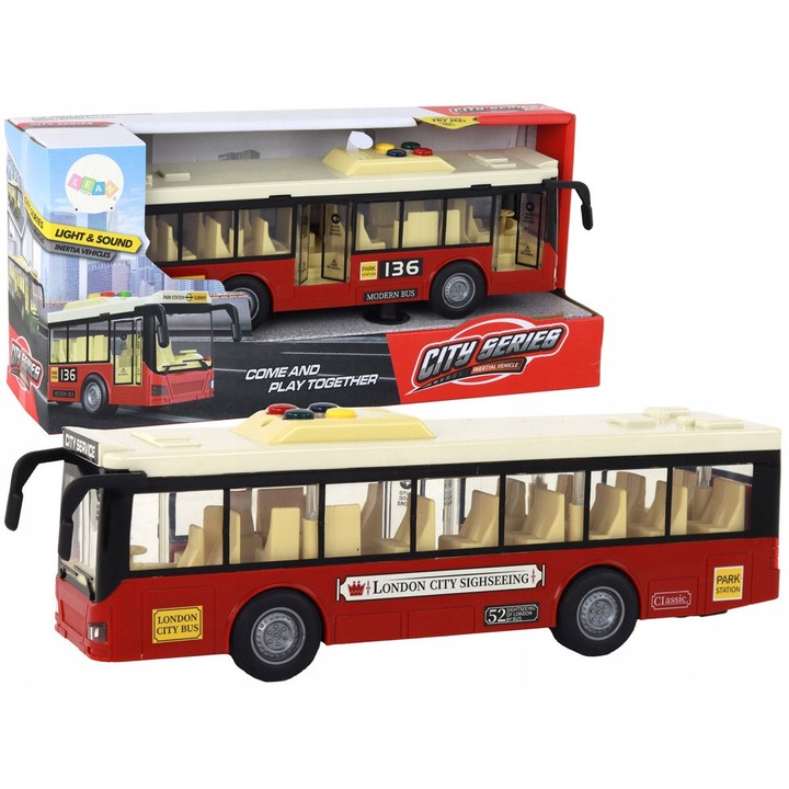 Autobuz interactiv cu lumini si sunete, LEAN Toys, rosu, 28x6x9cm, cu baterii incluse, 1:16