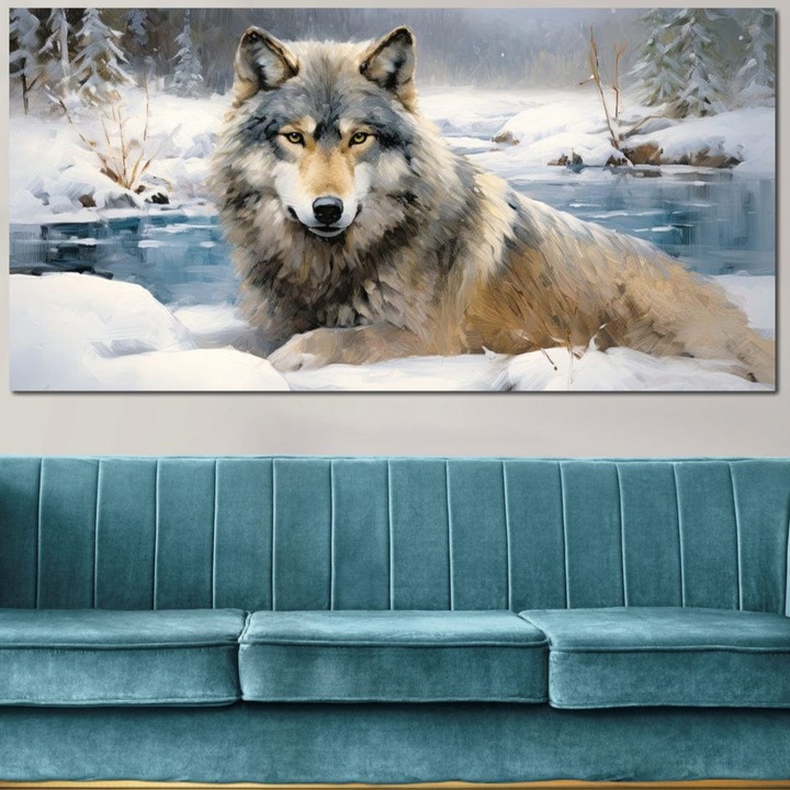 Tablou Canvas Premium, LuxCanva® M1456, Lupul Stravechi, 50 X 100 CM, Panza Bumbac 100% 400g/m2, Sasiu Lemn, Lup, Animal, Salbatic, Iarna, Nord, Zapada, Gheata, Padure, Singuratic, Blanos, Birou, Living, Camera Copil