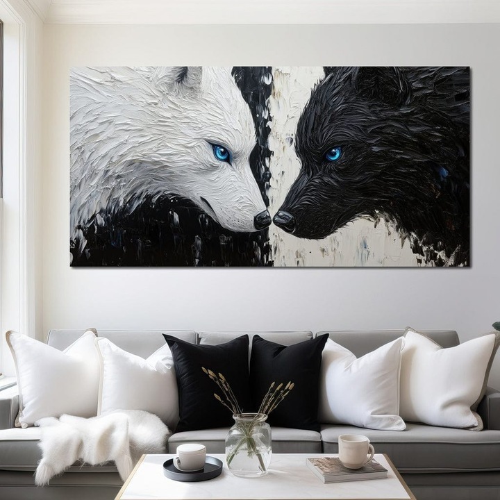 Премиум Канава Картина, LuxCanva® M1457, Души в Огледало, 50 X 100 СМ, Плат 100% Памук 400гр/м2, Дървена Рамка, Дуалност, Черно и Бяло, Дуел, Картина, Дух, Равновесие, Вълци, Поглед, Дива Природа, Офис, Всекидневна, Детска Стая