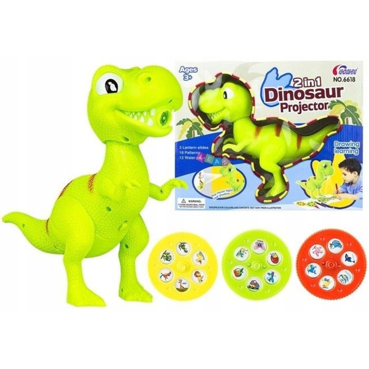 Proiector Dinozaur LEAN Toys, set 12 markere, 18 imagini, 23x10x23cm