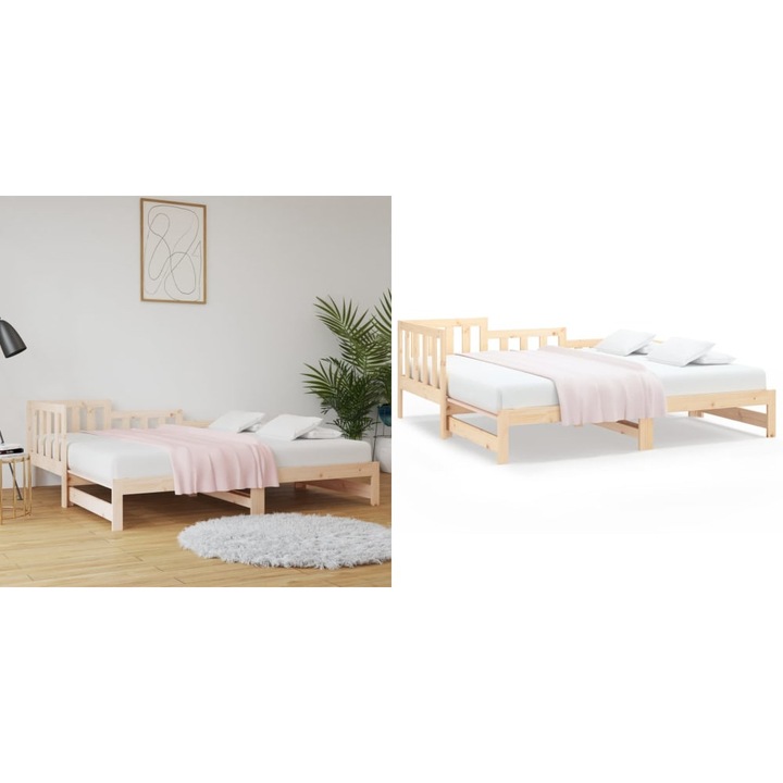 Pat de zi extensibil, 2x(90x190) cm, lemn masiv de pin