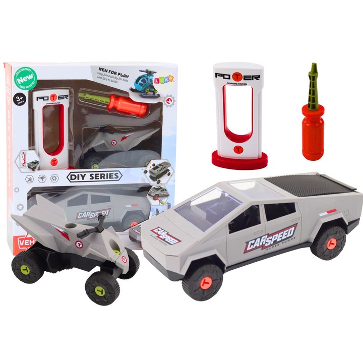 Set Masinuta Moderna cu Quad si Statie de Incarcare, LEAN Toys, Gri, 22x9x8,5cm, 14x8,5x7,5cm