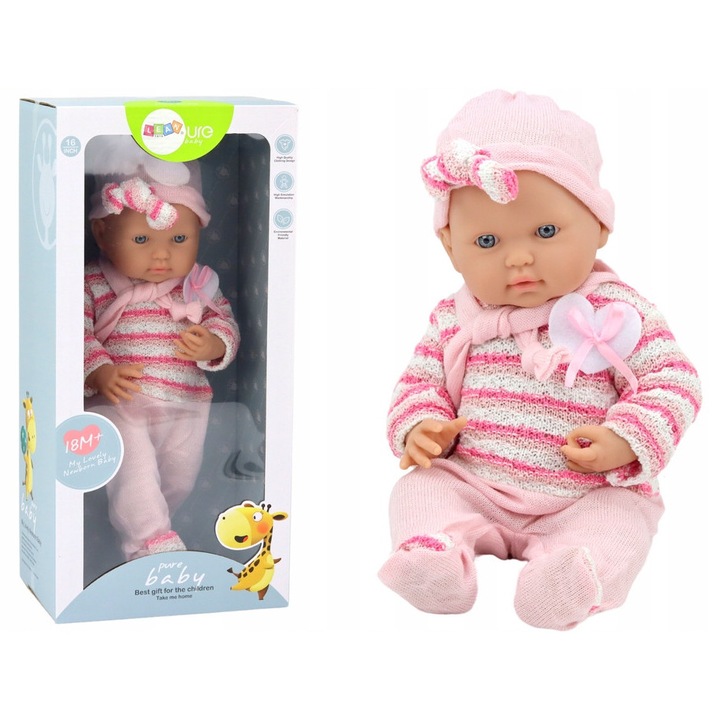 Кукла бебе, LEAN Toys, розова, 39x18x10,5см, с раиран пуловер и аксесоари