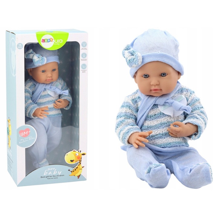Кукла LEAN Toys, бебе, облечена в синьо, с раиран пуловер, 39x18x10,5см, комплект с шапка и шал