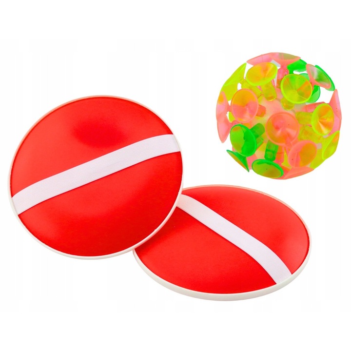 Set joc de indemanare, LEAN Toys, palete rotunde, minge cu ventuze, rosu, 18x5,5cm