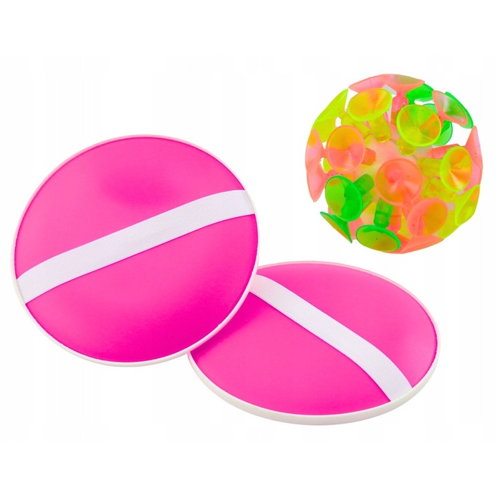 Set joc de indemanare, LEAN Toys, palete rotunde roz, minge cu ventuze, 18cm x 5,5cm
