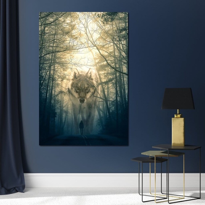 Премиум Канава Картина, LuxCanva® M1460, Вълкът от Приказката, 80 X 120 CM, 100% Памучно Платно 400гр/м2, Дървена Рамка, Пътека, Път, Човек, Вълк, Гигант, Алфа, Величие, Гора, Гора, Съюз, Пътешествие, Офис, Всекидневна, Детска Стая
