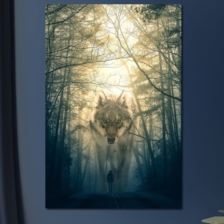 Tablou Canvas Premium, LuxCanva® M1460, Lupul din Poveste, 40 X 60 CM, Panza Bumbac 100% 400g/m2, Sasiu Lemn, Carare, Drum, Om, Lup, Gigant, Alfa, Maretie, Codru, Padure, Alianta, Calatorie, Birou, Living, Camera Copil