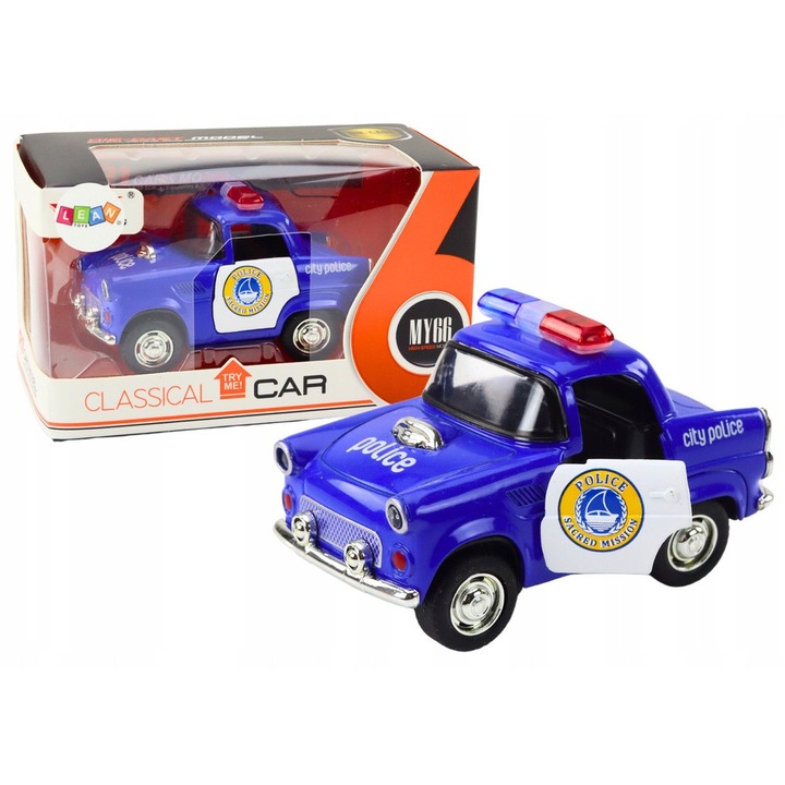 Masinuta Policie Clasica 1:38, LEAN Toys, Niebieska, 9,5x5,5x5cm, cu efecte luminoase si sonore