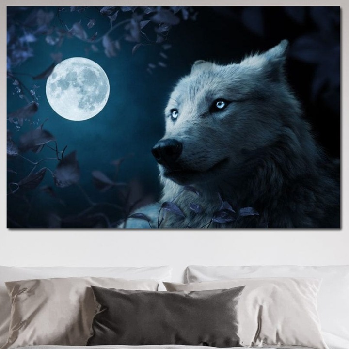 Tablou Canvas Premium, LuxCanva® M1462, Sub Vraja Lunii, 40 X 60 CM, Panza Bumbac 100% 400g/m2, Sasiu Lemn, Luna Plina, Animal, Lup, Salbaticie, Natura, Noapte, Taina, Chemare, Frunzis, Lumina, Birou, Living, Camera Copil