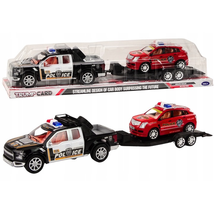 Set masinute politie pickup cu remorca si masina teren, LEAN Toys, negru si rosu, 60x12x11cm