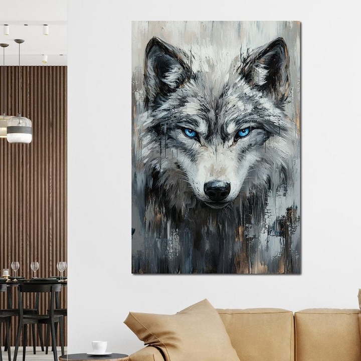 Премиум Канава Картина, LuxCanva® M1463, Кристална сянка, 70 X 100 СМ, 100% Памучно платно 400гр/м2, Дървена подрамка, Картина, Поглед, Проницателен, Портрет, Вълк, Алфа, Очи, Лед, Север, Силен, Офис, Хол, Детска стая