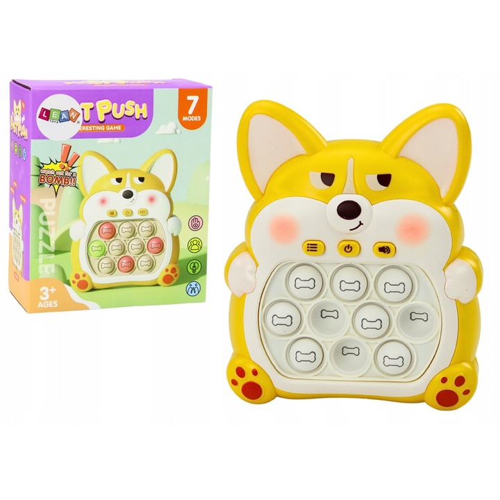 Jucarie interactiva, LEAN Toys, Consola Pop-It Lisek, 7 moduri de joc, galben, 14x11,5x5cm