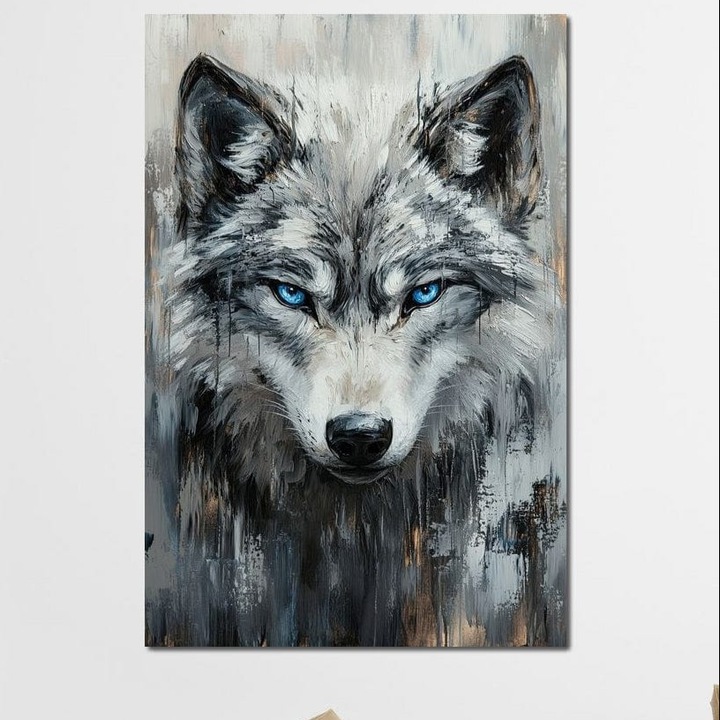 Премиум Канава Картина, LuxCanva® M1463, Кристална Сянка, 80 X 120 СМ, 100% Памучно Платно 400гр/м2, Дървена Рамка, Картина, Поглед, Пронизващ, Портрет, Вълк, Алфа, Очи, Лед, Север, Мощен, Офис, Хол, Детска Стая