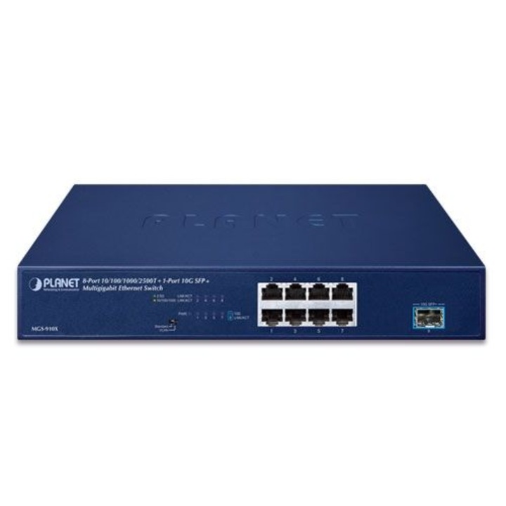 Switch Ethernet Planet MGS-910X, 8 porturi 10/100/1000/2500T, 1 port 10G SFP, desktop cu kit de montare pe rack