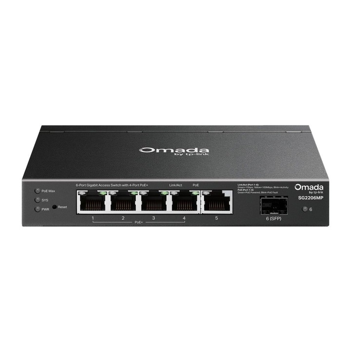 Switch TP-LINK Omada 6-Port Gigabit, 5 porturi RJ45 Gigabit, 4 porturi PoE, 63W PoE, 12 Gbps