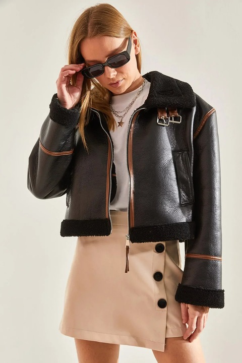 Geaca scurta dama, HiCCUP, piele ecologica, negru