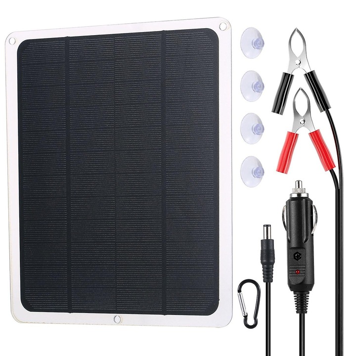 Hordozható napelemes töltő 20W, vízálló napelem panel, 12V, autóakkumulátorokhoz, motorkerékpárokhoz, hajókhoz, méretek 21x17.5x0.25cm