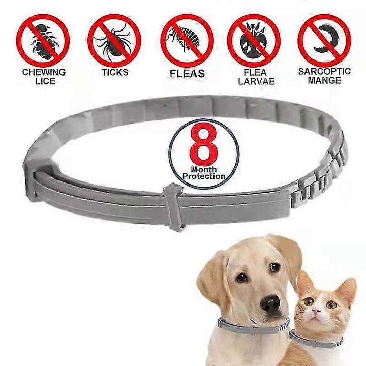 Colier antiparazitar pentru caini si pisici, ajustabil, 38cm, gri