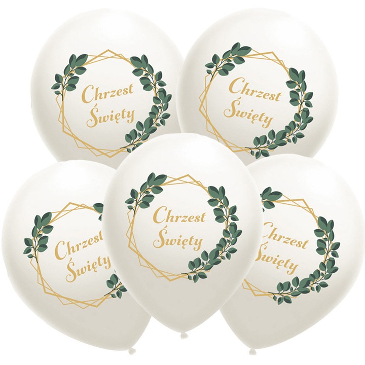Baloane PartyPro pentru Chrzest, 14 inch, set 5 bucati, albe cu imprimeu frunze