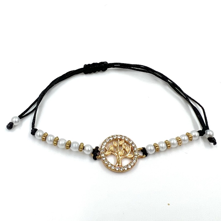 Bratara snur pentru fete Martisor, ajustabila pe marime, model elegant cu perle albe si Copacul vietii auriu