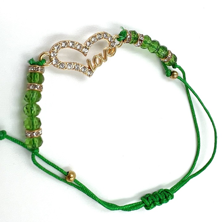 Bratara snur fete Martisor, ajustabila, model inimioara AURIE, margele verzi