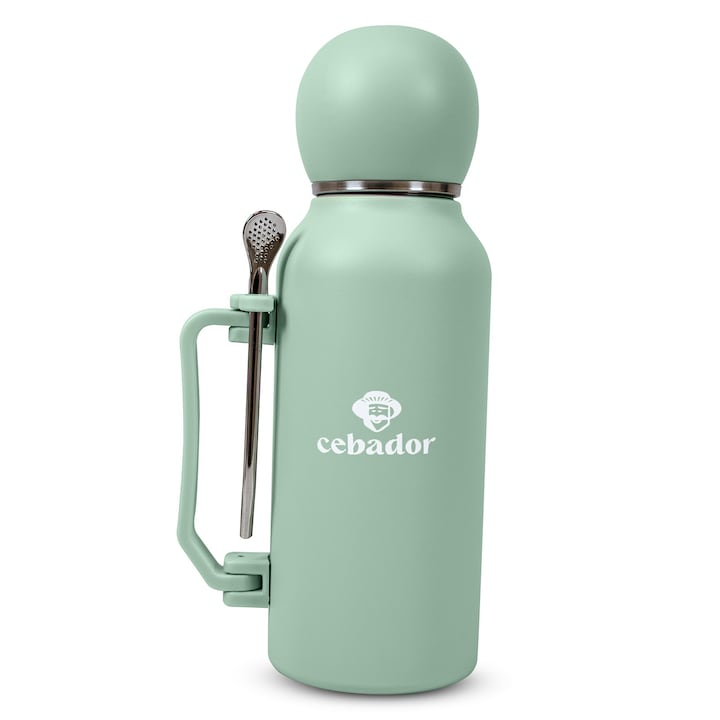 Termosz YerbaGo, Yerba Matéhoz és Teához, Bombilla, Duplafalú Rozsdamentes Acél, Akár 12 órán át Hőtartó, Zöld, 1.3 l