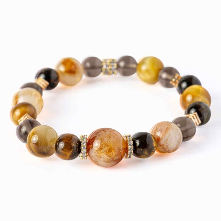 Energie si Abundenta - Bratara din Ochi de Tigru Auriu, Ochi de Tigru, Citrin si Cuart Fumuriu Natural