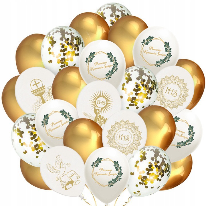 Комплект балони PartyPro 25 бр., златни, бели с принт, конфети, бохо стил