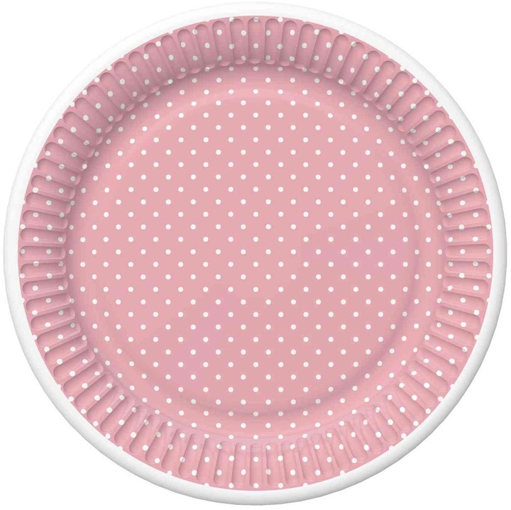 Partytányérok, POL-MAK, rózsaszín, fehér pöttyökkel, 8 db-os készlet, 18 cm