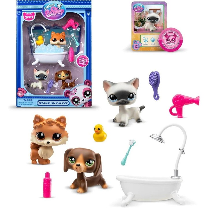 Littlest Pet Shop, СПА комплект за грижа, 3 фигурки, цветни аксесоари, 4+