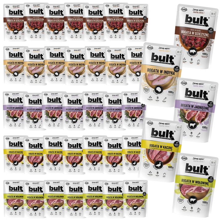 Mancare umeda pentru caini BULT, set 40x100g, arome mixte: vanat, curcan, miel, rata, vita, toate talile, pentru caini adulti