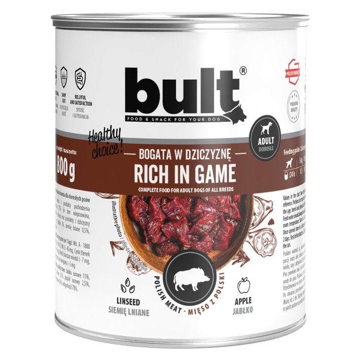 Hrana umeda pentru caini Bult, bogata in carne de vanat, 800 g, cu mar si seminte de in