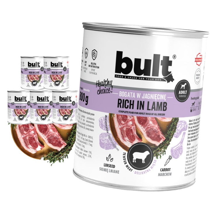 Mancare umeda pentru caini, Bult, cu carne de miel, set 6x800g