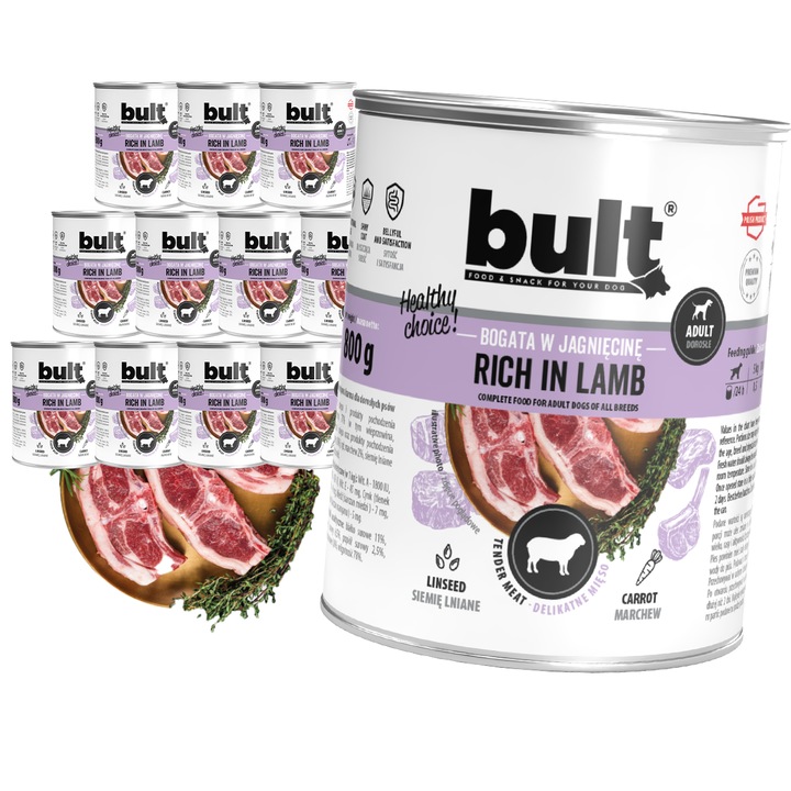 Set 12x800G hrana umeda pentru caini BULT cu miel, fara cereale, toate talile, adult