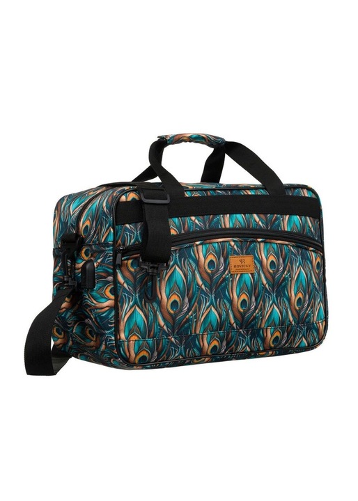 Geanta de voiaj Rovicky, model cu model vegetal, neagra, dimensiuni 40x20x25cm, cu port USB si curea ajustabila