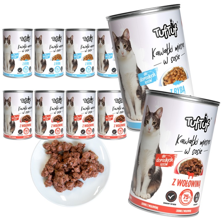 Hrana pentru pisici, TufTuf, set 10x415g, carne de vita si peste