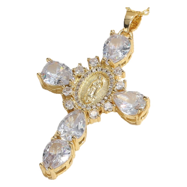 Colier femei, pandantiv cruce, aurit 14k, zircon, elegant