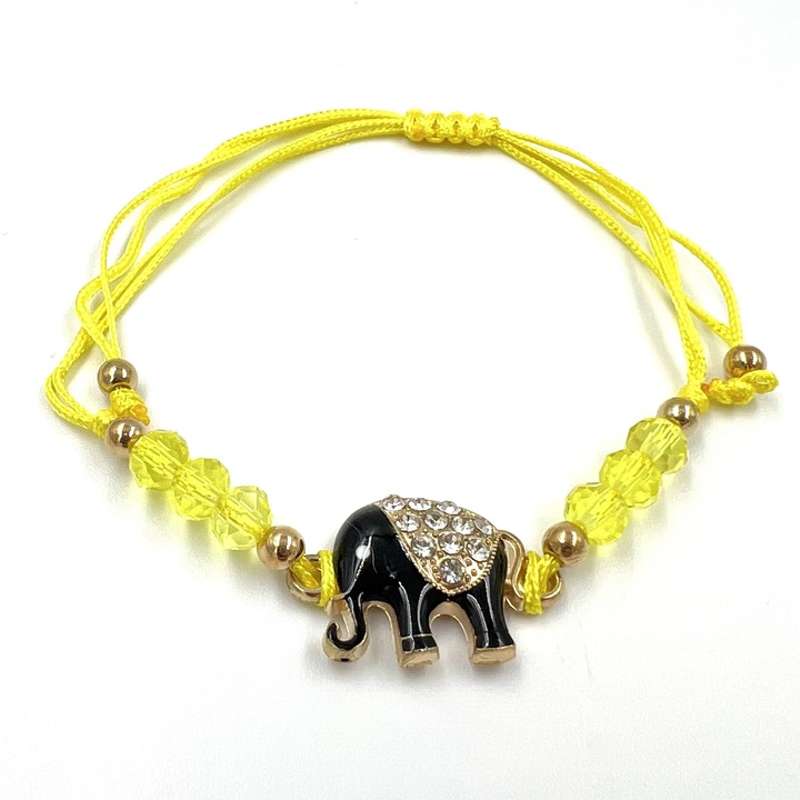 Bratara snur pentru fete Martisor, ajustabila pe marime, model elegant cu elefant si margele Galbene