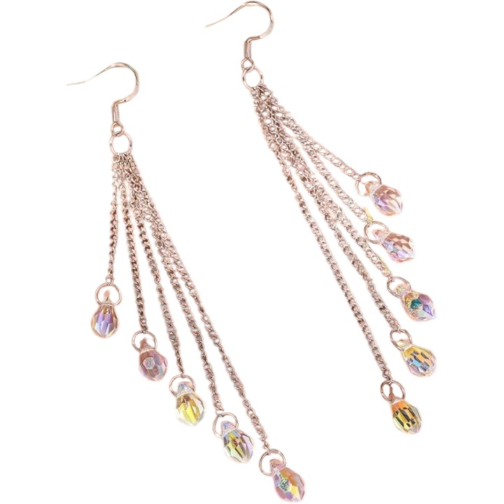 Elegáns, hosszú, strasszos fülbevaló, többsoros láncból.