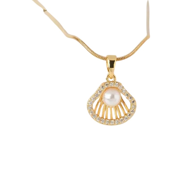 Елегантно златисто колие с висулка мида с перла, 30см